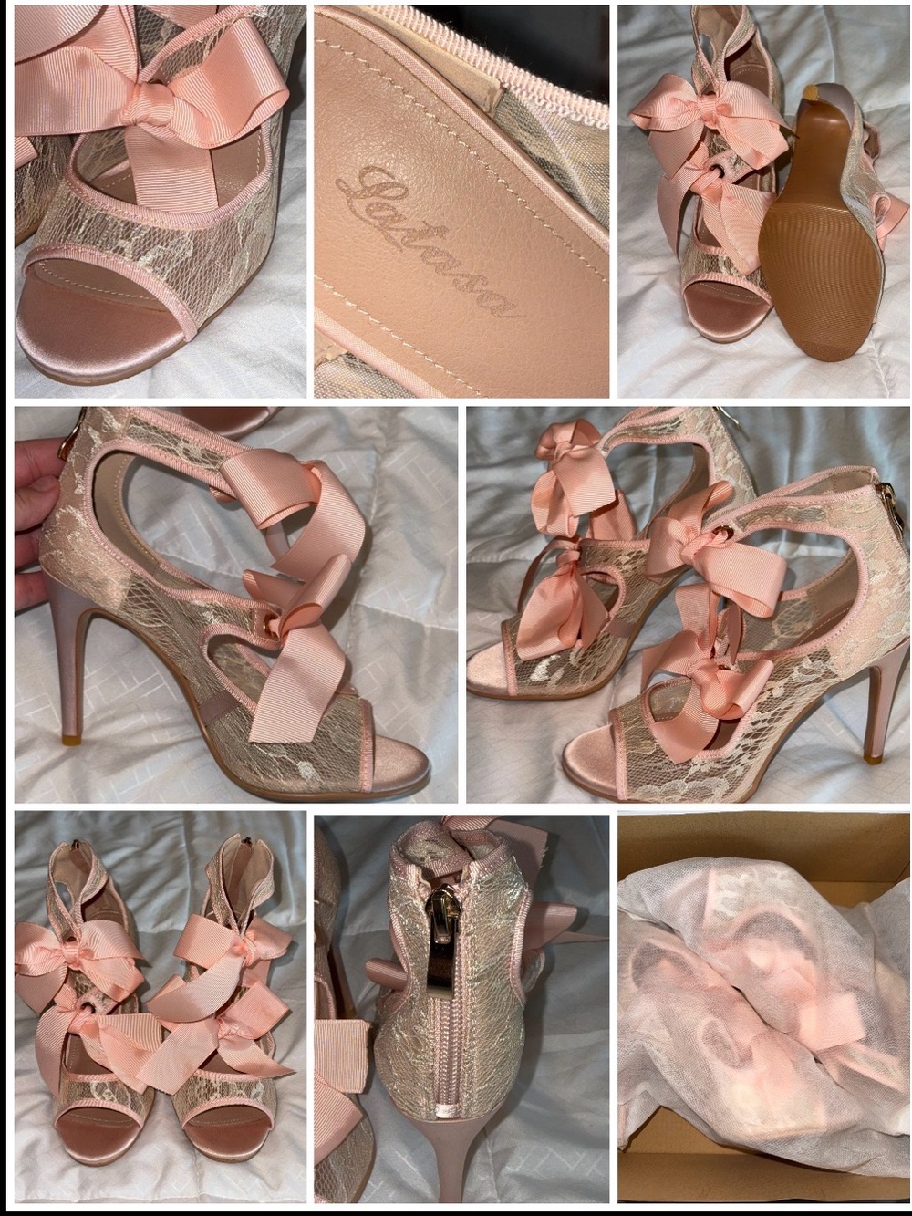 Lace Bow Stiletto Sandals in Blush Pink